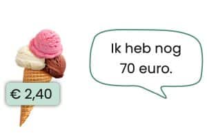 Afbeelding van spreekwolk met daarin de tekst 'Ik heb nog 70 euro.' Daarnaast een plaatje van een ijsje met prijskaartje € 2,40