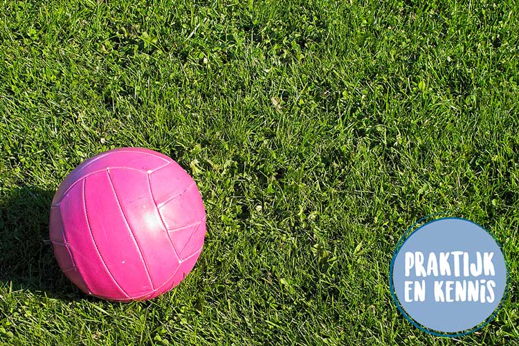 Een roze voetbal op een grasveld