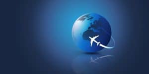 Geanimeerd vliegtuig vliegt om aarde