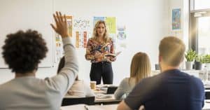 Een schrijver vertelt aan de klas over haar werk