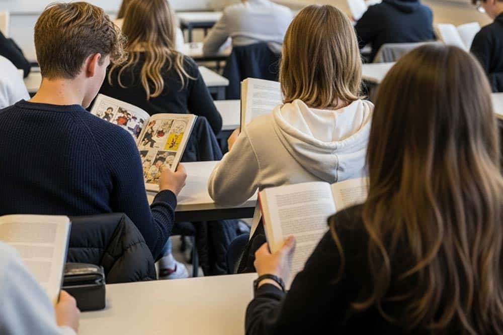 Een klas tieners leest een boek aan het begin van de les