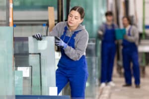 Jonge vrouwelijke werknemer in uniform stapelt glasplaten in fabriek
