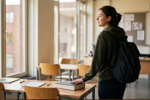 Een student slaat een boek dicht in een klaslokaal en staart opgelucht uit het raam
