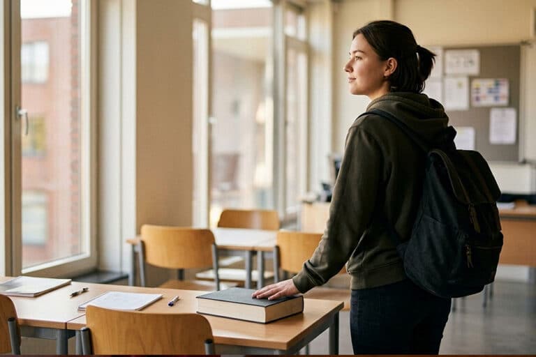 Een student slaat een boek dicht in een klaslokaal en staart opgelucht uit het raam