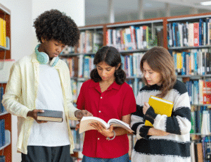 Middelbare scholieren zoeken boeken in de bibliotheek